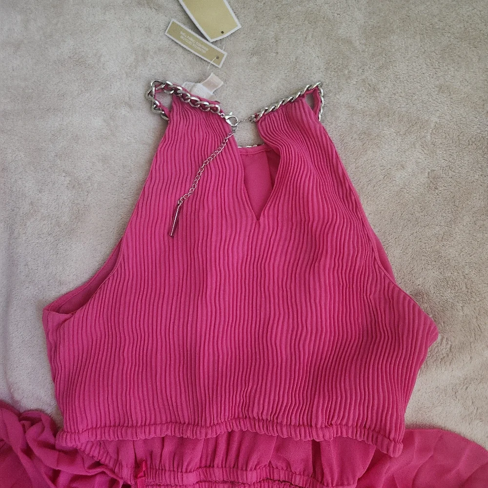 Michael Kors Halter Neck Pleated Cut-out Midi Dress cerise/pink Sz M BNWT